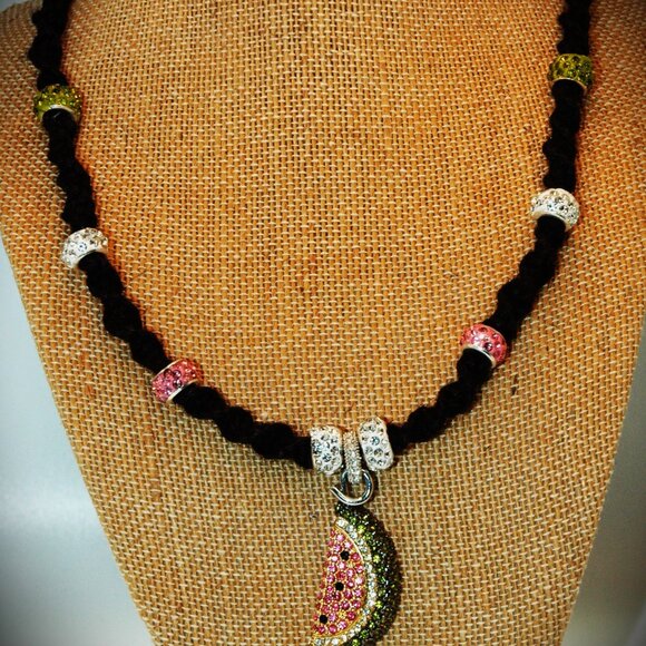Adorable Rhinestone Watermelon Slice on a 21" Handmade Black Hemp Chain - Picture 1 of 6